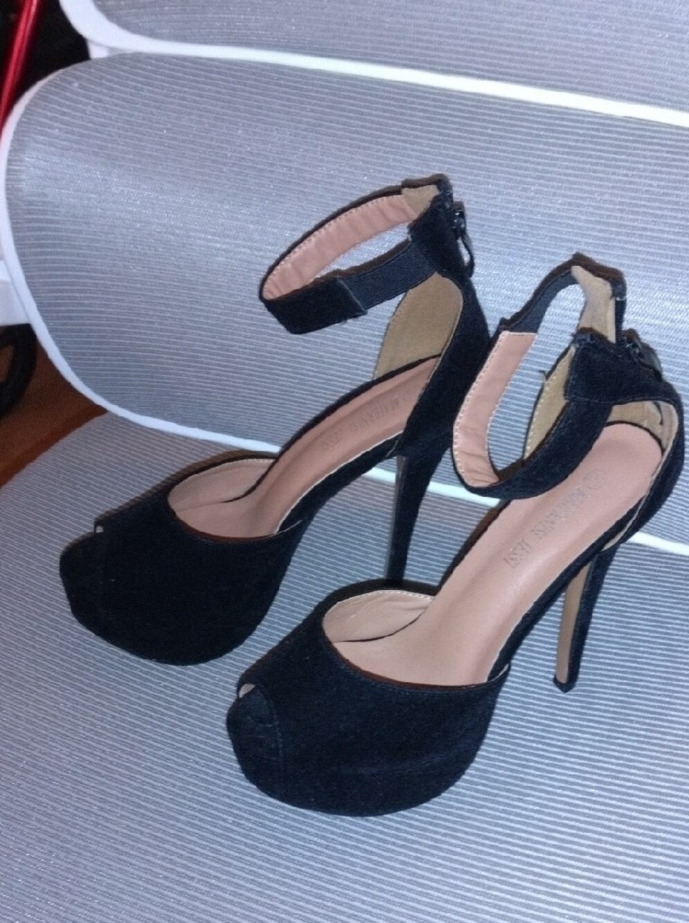 Black Velour Peep-Toe Platform Heels with Ankle Strap